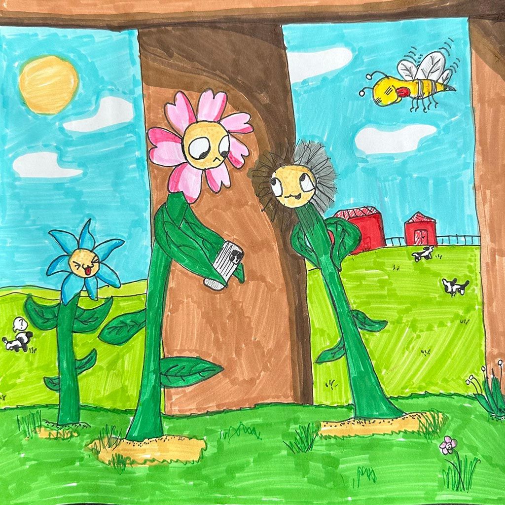 Kindertekening van vrolijke bloemen en een bij in een tuin